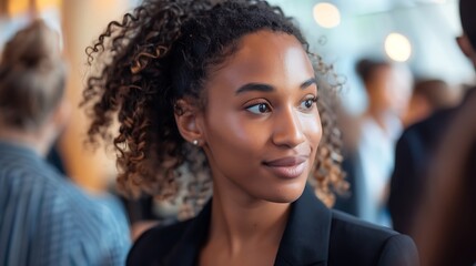 A poised young woman confidently networking at a business event, making meaningful connections that will further her career aspirations - obrazy, fototapety, plakaty