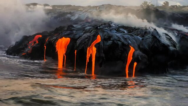 Ocean vista of Kilauea Volcano on Big Island, Hawaii, USA. A dynamic volcano, active since 1983. Captured at sunset, illuminating the sea with glowing lava cascading into the water.