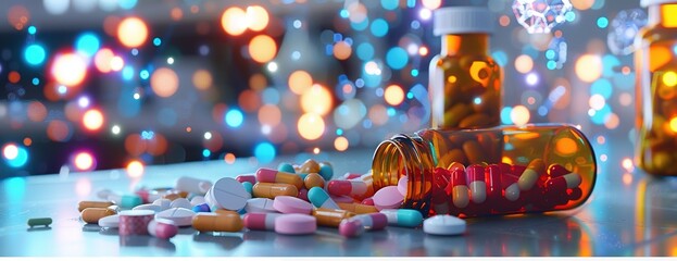 Medicine pills and bottles, pills spilled on the table. Background of healthcare and medical concepts, - obrazy, fototapety, plakaty