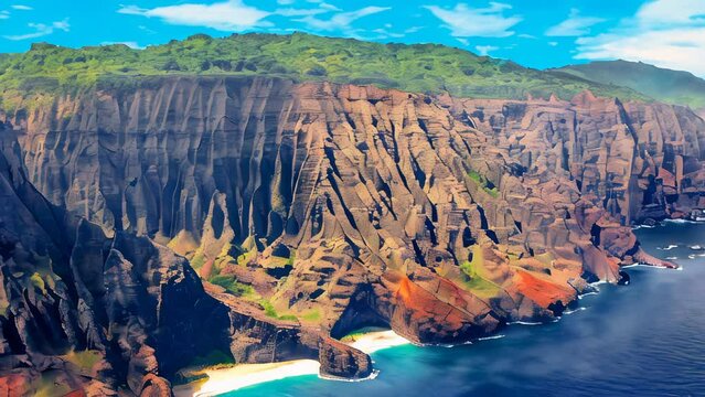 Na Pali coast of Kauai, Hawaii, United States, breathtaking aerial vantage point. Rugged cliffs, verdant valleys, and azure waters, this iconic stretch of coastline offers a mesmerizing spectacle