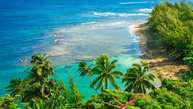panoramic of Kee Beach, Kauai, Hawaii, United States. Pristine shores and lush tropical surroundings, Kee Beach offers a captivating vista that epitomizes the natural beauty of the Hawaiian islands.