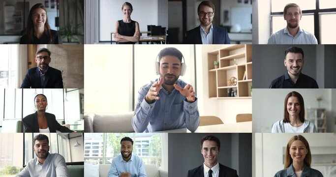 Group of young confident businesspeople listen team leader make speech, take part in videocall, training or negotiations, head shot portrait, collage view. Global communication use videoconference app