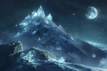 Naklejka na ściany i meble On the mountaintop, clusters of diamonds sparkled under the moonlight.