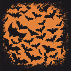 Heart made of orange bats on a black background, evoking a spooky yet artistic mood