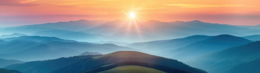 Poster Beautiful mountain landscape at sunset, background banner. © John_Doo78
