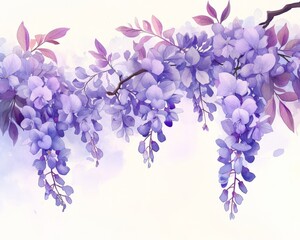 Watercolor painting of delicate purple flowers hanging from a cascading branch in beautiful and serene nature setting