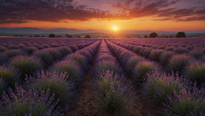 Rows of lavender plants at sunset.

 - obrazy, fototapety, plakaty