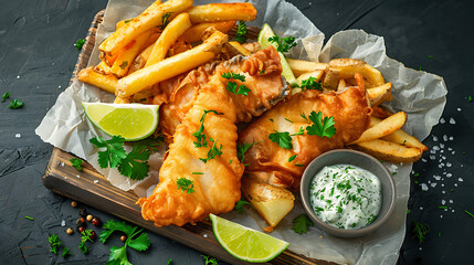 Fish and Chips Platter: The central focus is on a wooden platter holding several pieces of golden-brown, crispy fried fish fillets. - obrazy, fototapety, plakaty