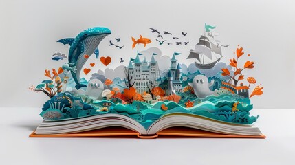 A 3D paper cut artwork of an open book, with a carnival scene bu - obrazy, fototapety, plakaty