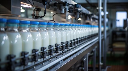 Milk in glass bottles on the production line at the milk factory, closeup