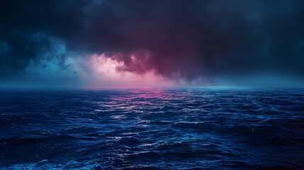 A stormy sea under a dramatic sky illuminated by an ethereal glow, showcasing nature’s power and beauty. - obrazy, fototapety, plakaty