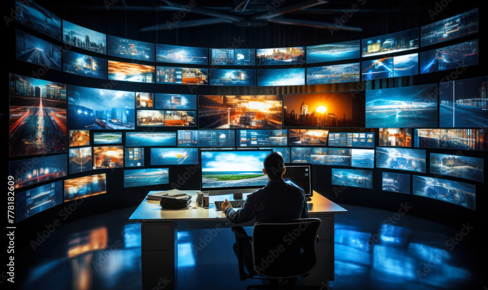 Poster media broadcast control room with multiple screens displaying various content, representing surveill