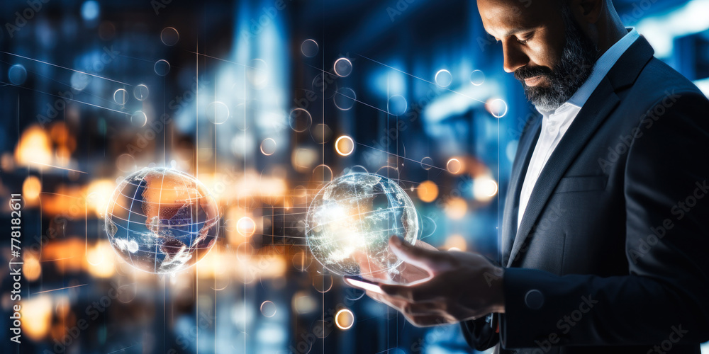 Poster Business professional analyzing global networks and data connections with a dynamic interface on a digital tablet in a modern corporate environment