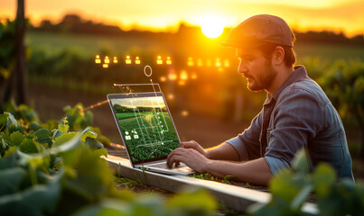 Modern agriculture technology with a person using a laptop to analyze data on sustainable farming practices at sunset in a vineyard - obrazy, fototapety, plakaty