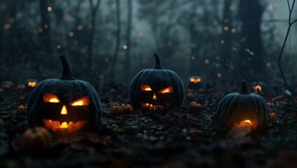 There are a lot of pumpkins in the forest for Halloween. They create an atmosphere of a mysterious holiday among the trees, give the forest a mystery - obrazy, fototapety, plakaty