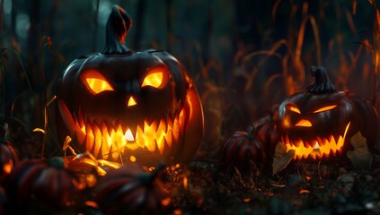 There are a lot of pumpkins in the forest for Halloween. They create an atmosphere of a mysterious holiday among the trees, give the forest a mystery