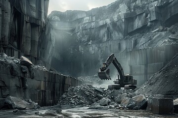 Excavator at work in a quarry, towering piles of stone, industrial might , cinematic - obrazy, fototapety, plakaty