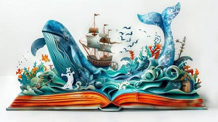 Enchanting open book in 3D paper cut art style, where each page