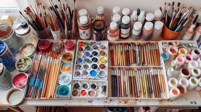 Creative workspace organization, close-up on neatly arranged art supplies, inspiration in order
