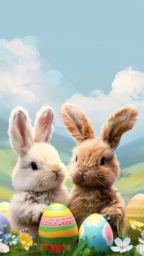 Two bunnies amid colorful Easter eggs in a vibrant spring landscape