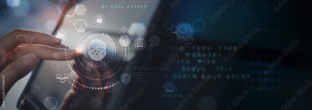 Poster biometric security, data encryption. businessman using fingerprint identity to access personal finan