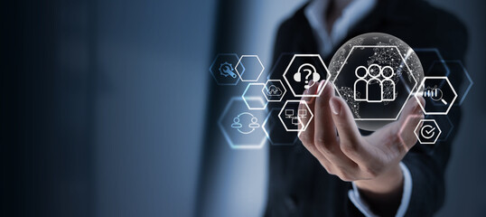 Customer service, IT support, Customer relationship management. Businessman holding customer network with data analysis, technology service icons, help center, smart solution