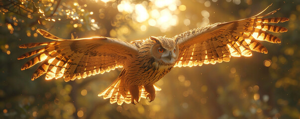 Golden Owl, ethically sourced feathers, majestic bird, soaring above a sunlit forest, 3D render, golden hour, depth of field bokeh effect - obrazy, fototapety, plakaty