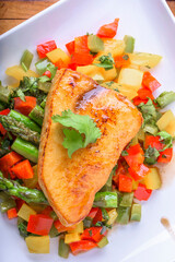 Gourmet Delight: Close-Up 4K Ultra HD Picture of Pan-Grilled Yellowtail Fish with Sautéed Vegetables