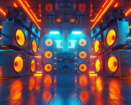 Giant speakers, pulsating bass, thunderous sound waves, transforming a silent room to a vibrant dance floor 3D Render, dynamic backlights