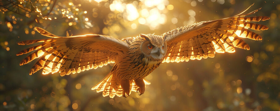 Golden Owl, ethically sourced feathers, majestic bird, soaring above a sunlit forest, 3D render, golden hour, depth of field bokeh effect
