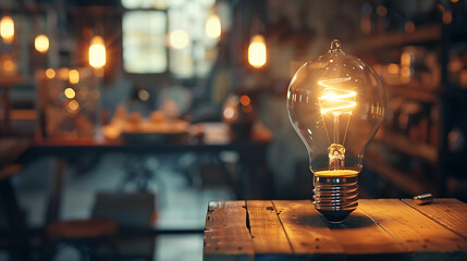 Vintage light bulb on the wooden table in coffee shop background.
