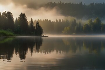 Misty morning scene of Lacu Rosu lake. Foggy summer sunrise in Harghita County, Romania, Europe. Beauty of nature concept background Generative AI - obrazy, fototapety, plakaty