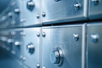 Close-up bank silver safe deposit box, nobody, background with copy space. Safe storage of valuable things in a safe deposit box.