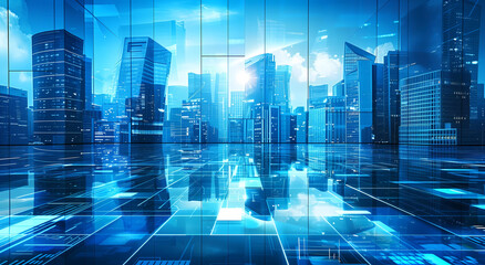 Blue virtual metropolis with a luminescent digital network
