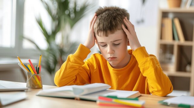 Portrait of exhausted pupil boy tired from studying holding head head with hands sitting at desk with paper copybook, looking down. Frustrated child schoolboy doing homework at home.