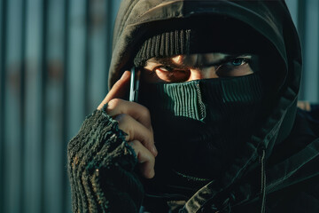 Male swindler in a bandit balaclava talking on a cell phone. Phone fraud, spam, scam, copy space.