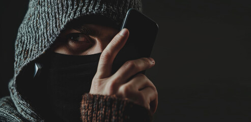 Male swindler in a bandit balaclava talking on a cell phone. Phone fraud, spam, scam, copy space. - obrazy, fototapety, plakaty