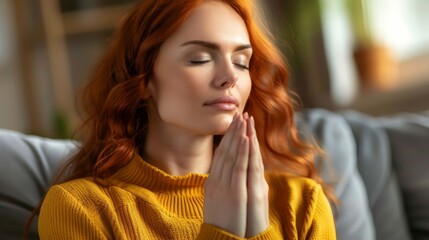 Closeup face of worried anxious young red-haired woman sitting on couch praying god with folded hands having life crisis. Nervous redhead female trying to concentrate mentally asking supreme forces. - obrazy, fototapety, plakaty
