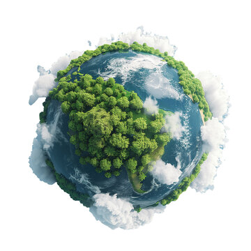 Fototapeta Green forest planet ecofriendly earth with white clouds on PNG transparent background.