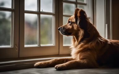 Bemer dog in a room watching the rain through the window, thinking of playing outside, waiting for...