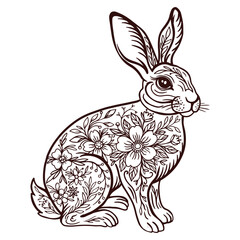 Black and white illustration of a bunny, contour drawing, ornamental drawing of the Easter Bunny