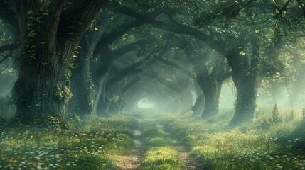 Nature Scene, A tranquil forest pathway enveloped in mist and greenery, exuding calm.