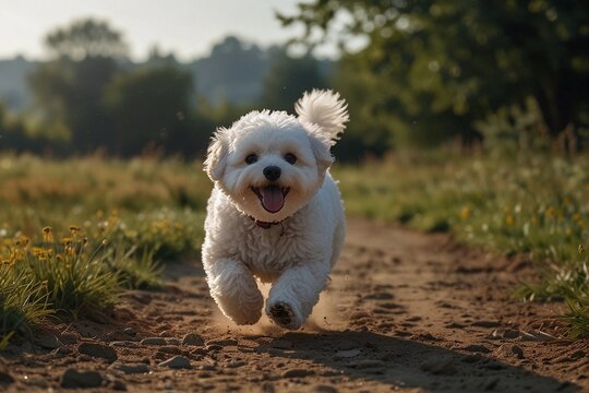 Medium shot portrait photography of a Bichon Frise dog running happily along a dirt road with lush green grass on the side. a healthy and active pet enjoying nature's beauty. AI generative.