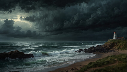 A lighthouse on a rocky coast during a storm.

 - obrazy, fototapety, plakaty