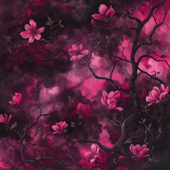 Surreal Digital Art of Mystical Pink Blooms and Dark Branches