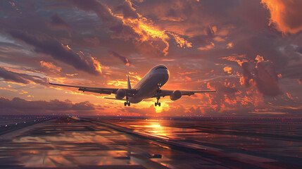 A plane takes off at sunset, painting a picturesque scene of freedom and adventure against a backdrop of a fiery sky.
