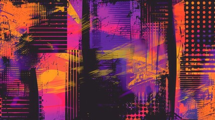 Pink and purple halftone textures with yellow grunge strokes. Vector grunge overlay posters with typography. Hand drawn abstract distressed effect backgrounds with scratches and brush strokes.