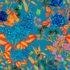 Fototapeta na wymiar Watercolor seamless pattern with garden flowers. Vintage spring or summer floral pattern. Flower seamless pattern. Botanical art. Wedding floral set. Watercolor botanical design. 