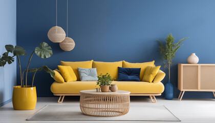 Blue and yellow living room interior with sofa coffee table plants and cabinet