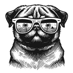 cool pug in summer sunglasses illustration - obrazy, fototapety, plakaty